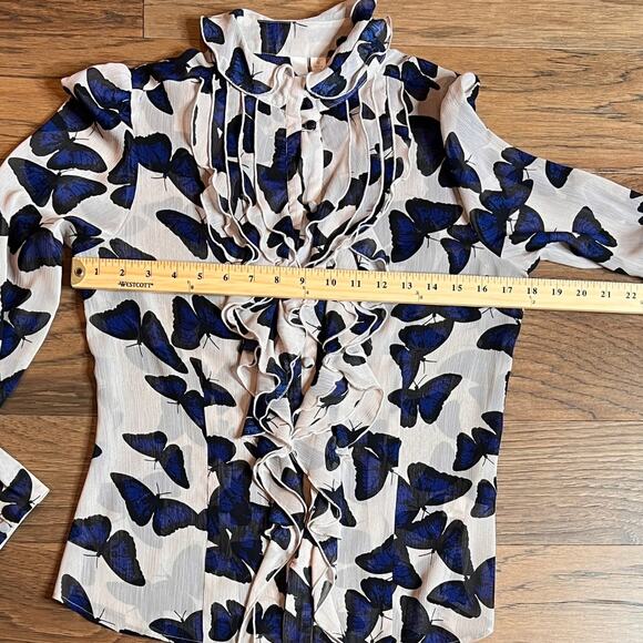 Butterfly Print Ruffle Blouse Romantic Sheer Long Sleeve Top - Picture 7 of 10